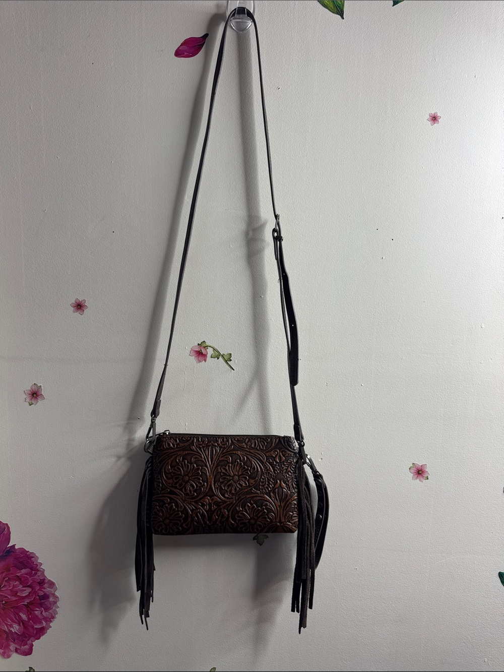 Montana West Brown Tooled Floral Leather Crossbody with Fringe